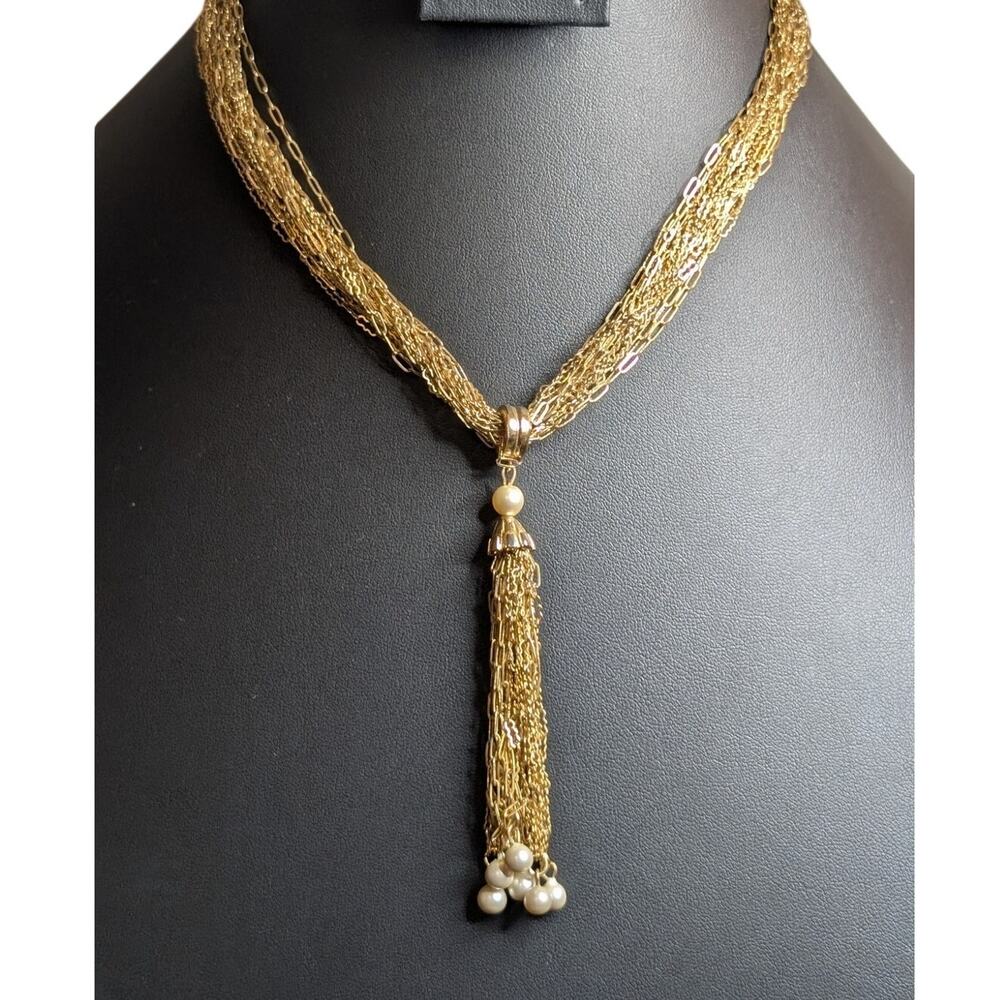 VTG Multi Gold Tone Chain Faux Pearl Dangle Tassel Barrel Clasp 16.5" Necklace